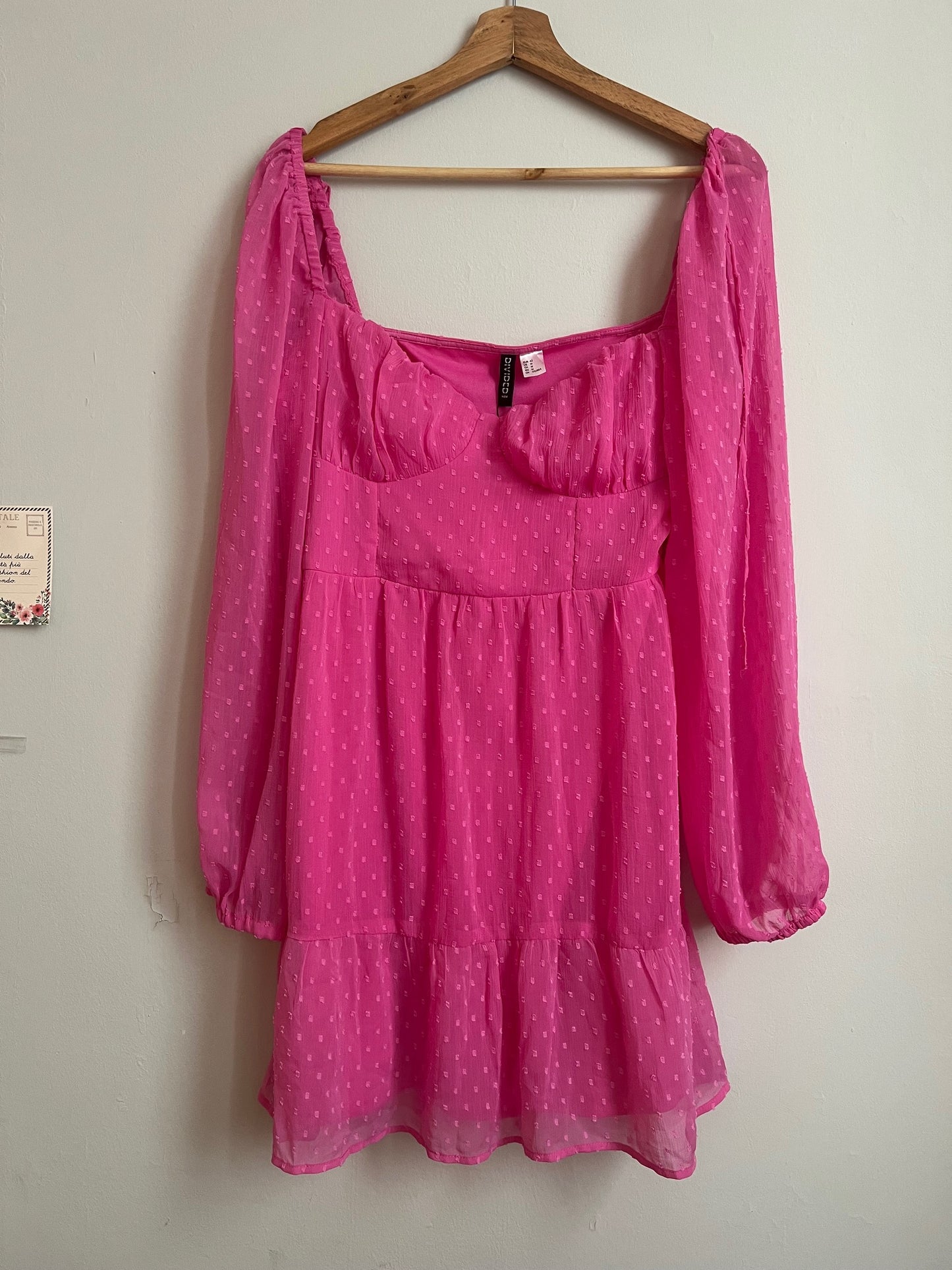 Vestido mangas fucsia puntos H&M - 42/XL